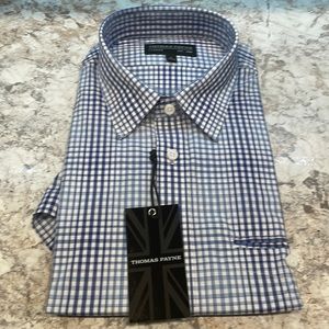 Thomas Payne blue white plaid short sleeve button down shirt. New with tag